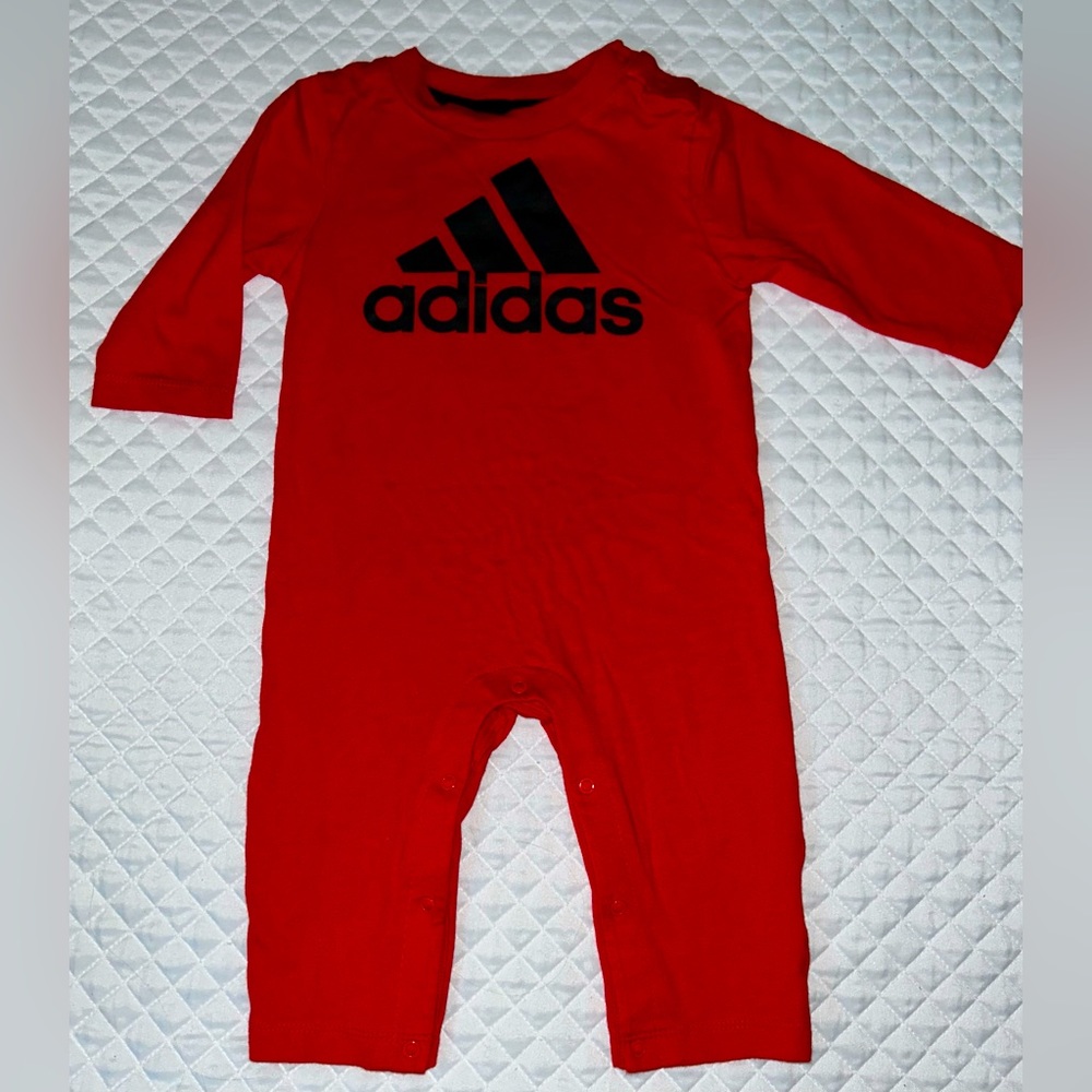 Adidas Infant Boys One Piece Jumper Romper Red w/ Black Logo long Sleeve 9 month